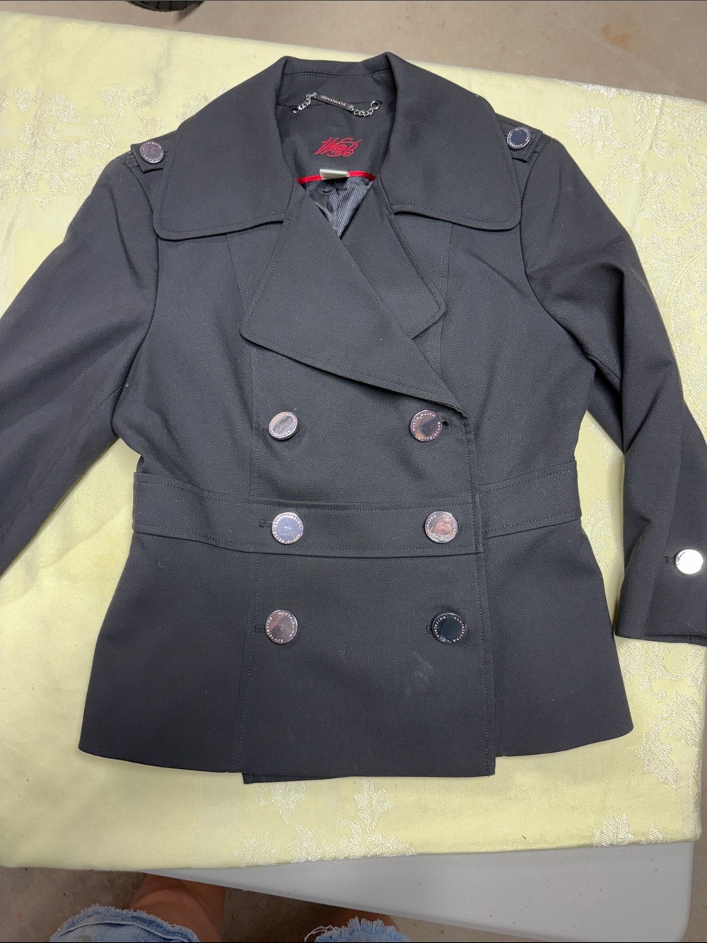 Women's Black Double-Breasted Peacoat with Epaulets